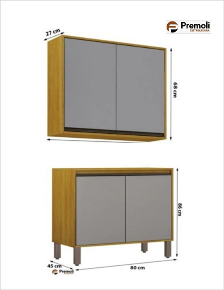 Aéreo Eduarda 80 Cm / Balcão Eduarda 80 Cm 3 Portas Cinanomo /Cinza – Chf Moveis